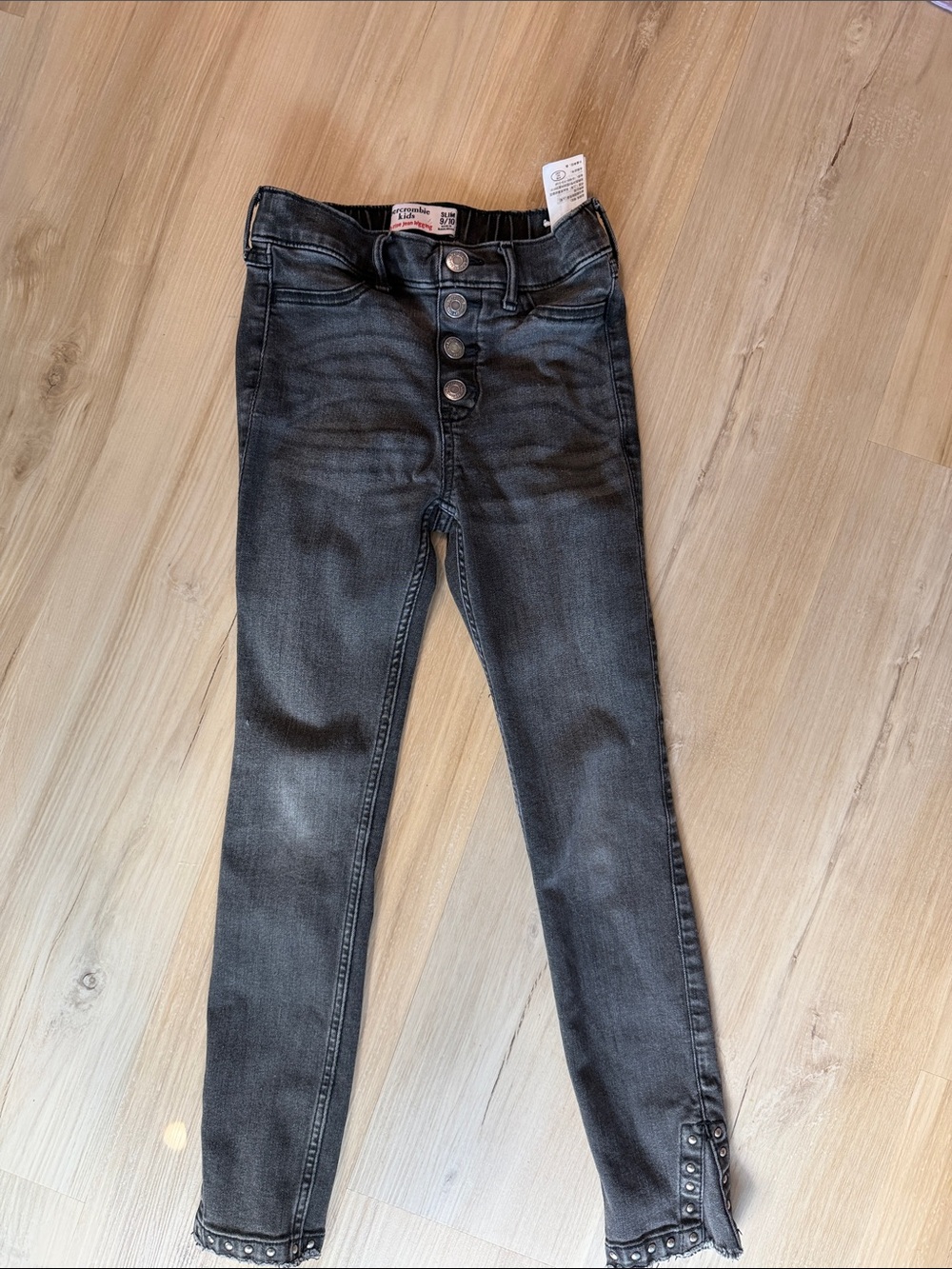 Abercrombie Girls' Black High-Rise Button Skinny Jeans with Studded Hem